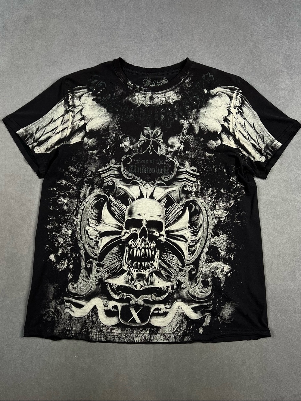 Y2K Affliction Style Xzavier Black Skull & Wings Short Sleeve Graphic Tee